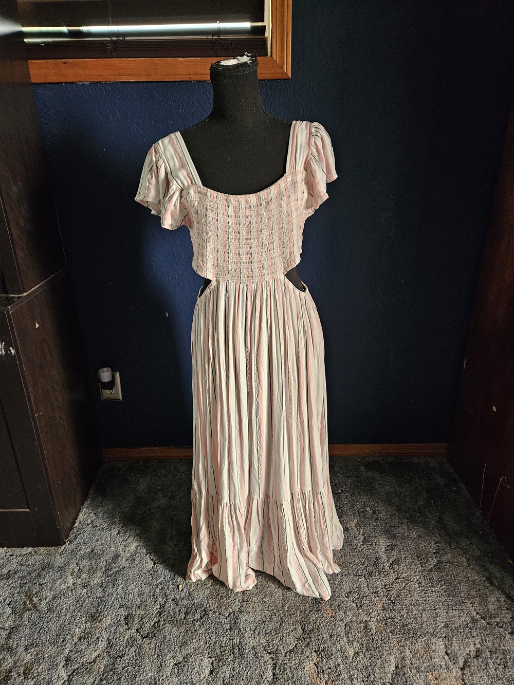 blue island Pink & White Striped Maxi Dress with Smocked Bodice